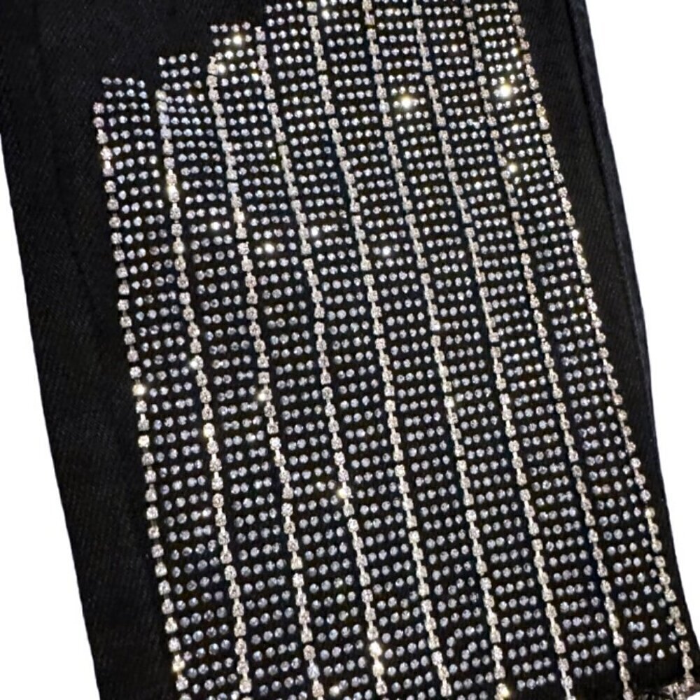 Akira NWT Black Wash Rhinestone Fringe Distressed High Rise Jeans Women’s Size 9 - Picture 4 of 8
